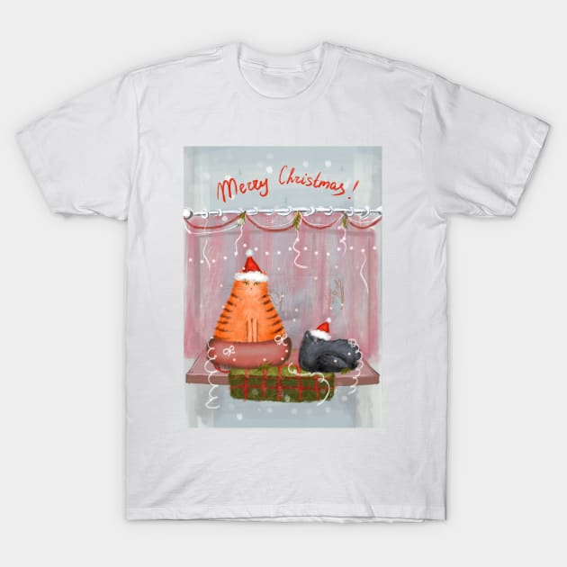 Merry Christmas greeting winter card with cute fluffy cats in red Santa hats and scarves T-Shirt by Olena Tyshchenko